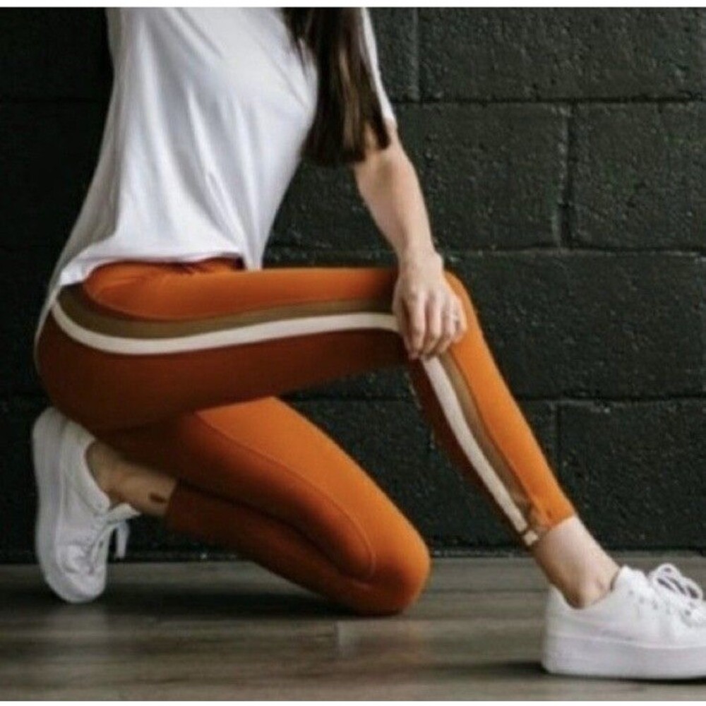 Zyia Active Joplin Stripe Light n Tight Hi-rise 7/8 Leggings Brown Orange NEW